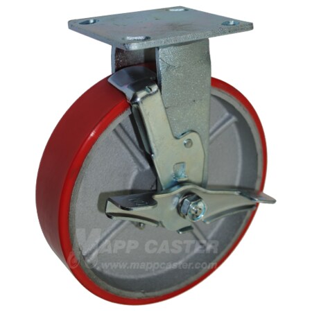 Mapp Caster 8"X2" Red Poly on Iron Wheel Rigid Caster W/ Brake - 1,250 Lbs Cap 146PURB820RB